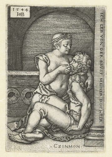 Pero zoogt geketende Cimon in gevangenis by Hans Sebald Beham