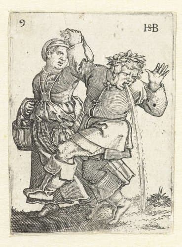 Dansend boerenpaar, man geeft over by Hans Sebald Beham