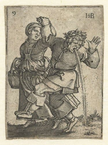 Dansend boerenpaar, man geeft over by Hans Sebald Beham