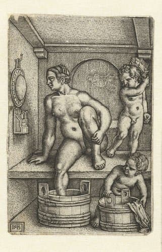 Vrouw met twee kinderen in badkamer by Hans Sebald Beham