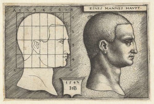 Mannenhoofd en tekening in schema volgens proportieleer by Hans Sebald Beham