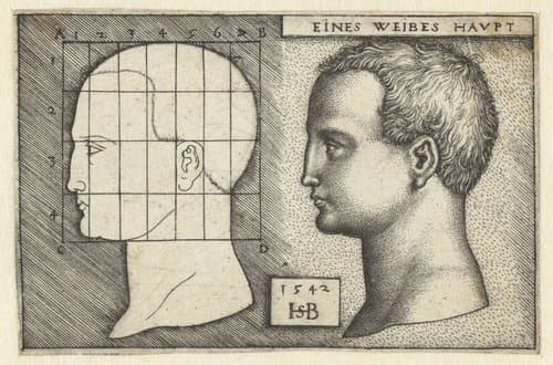 Vrouwenhoofd en tekening in schema volgens proportieleer by Hans Sebald Beham