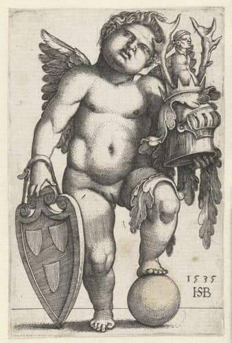 Vrouwelijke putto met wapen op een schild by Hans Sebald Beham