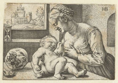 Maria geeft kind de borst en schedel by Hans Sebald Beham