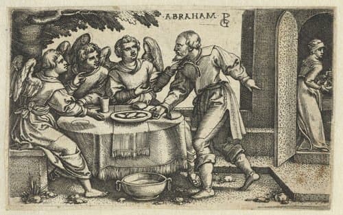Abraham en de drie engelen by Georg Pencz