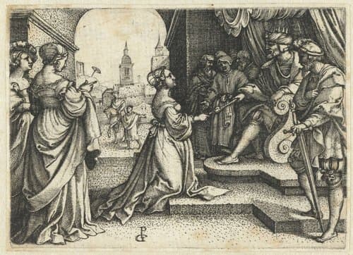 Ester knielt voor Ahasveros by Georg Pencz