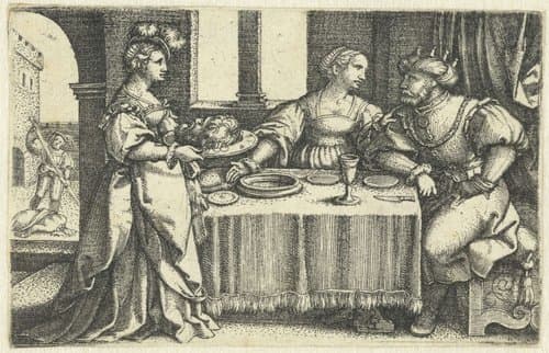 Salome brengt Herodias het hoofd van Johannes de Doper by Georg Pencz