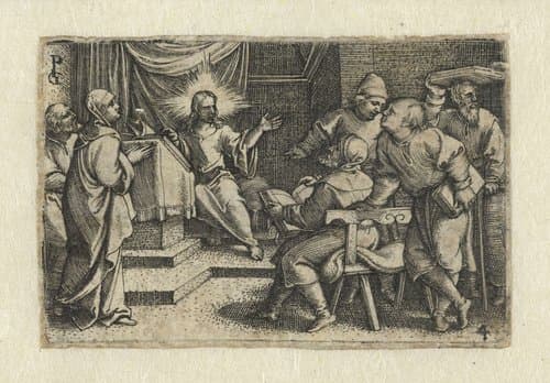Christus onderwijst schriftgeleerden in de tempel by Georg Pencz