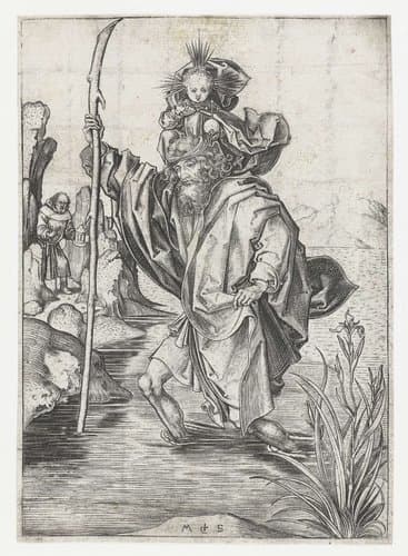 De Heilige Christoffel draagt het Christuskind by Martin Schongauer