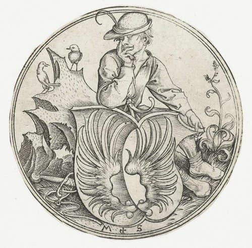 Wapenschild met vleugels, vastgehouden door een boer by Martin Schongauer