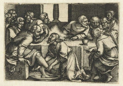 Petrus protesteert als Christus zijn voeten wast by Georg Pencz