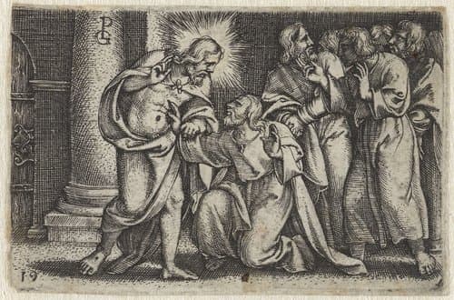 Ongelovige Thomas raakt wonden Christus aan by Georg Pencz