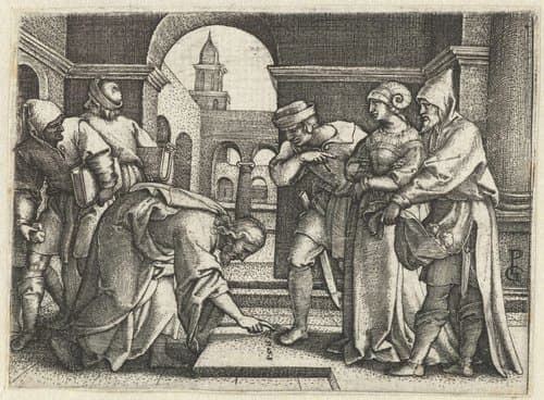 Christus en de overspelige vrouw by Georg Pencz