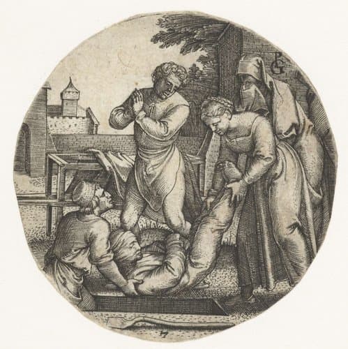 Man en vrouw begraven een dode by Georg Pencz