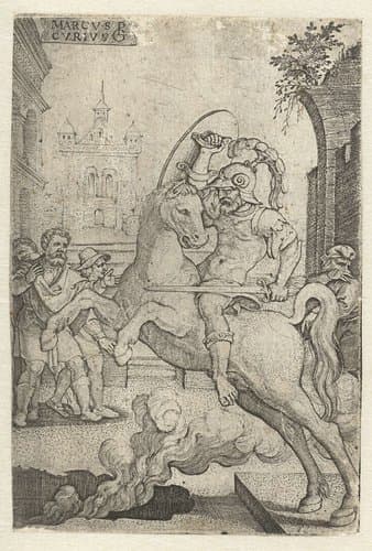 Marcus Curtius stort zich in een kloof by Georg Pencz