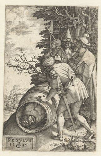 Marteldood van Atilius Regulus in ton met spijkers by Georg Pencz