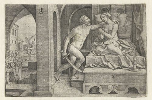 Sextus verkracht Lucretia onder bedreiging met zwaard by Georg Pencz