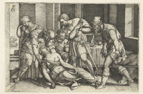 Collatinus en Brutus bij de stervende Lucretia by Georg Pencz