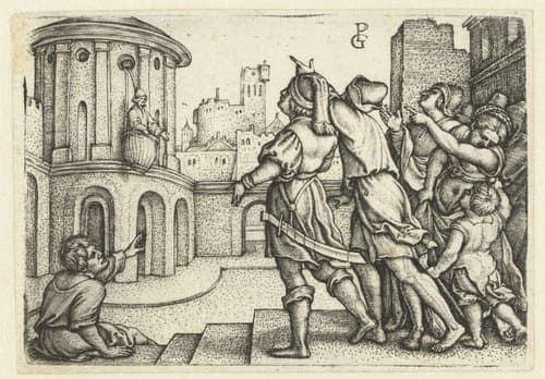 Vergilius in de mand opgehesen en bespot door mensen by Georg Pencz