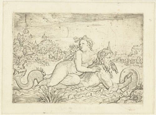 Amymone meegenomen op de rug van zeegod by anonymous