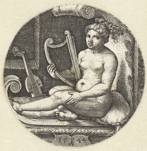 Zittende naakte vrouw met een harp by Georg Pencz