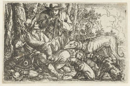 Twee rustende jagers met hun honden en buit by Jonas Umbach