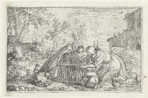Boerin en twee kinderen voeren de kippen by Jonas Umbach