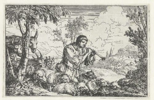 Schalmeispelende herder met kudde by Jonas Umbach
