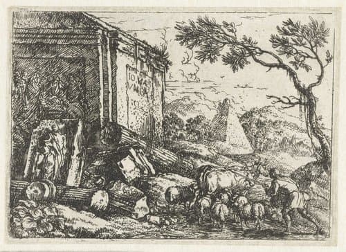 Ruïnelandschap met een herder en zijn kudde by Jonas Umbach