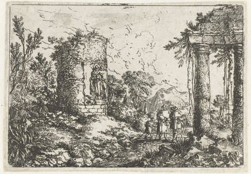 Landschap met ruïnes en drie pelgrims by Jonas Umbach
