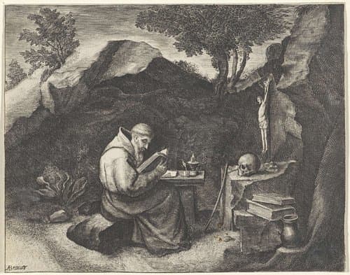 H. Franciscus lezend in een grot by anonymous