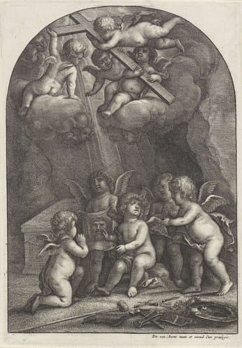 Putti met passiewerktuigen bij het graf van Christus by Wenceslaus Hollar