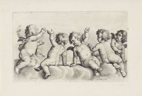 Vijf cherubijnen op een wolk by Wenceslaus Hollar