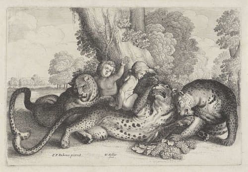 Drie luipaarden en twee jongetjes by Wenceslaus Hollar