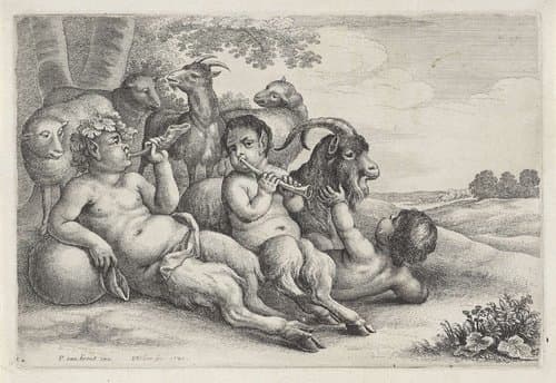 Hoornblazende saters met schapen en geiten by Wenceslaus Hollar
