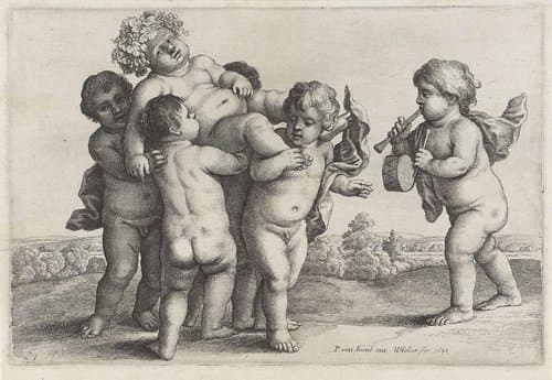 Vijf jongetjes dragen een met wijnranken gekroonde jongeling by Wenceslaus Hollar