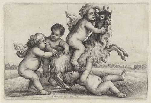 Vier jongetjes met een steigerende geit by Wenceslaus Hollar