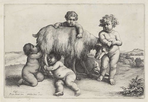 Vier jongetjes, een sater en een geit staand naar rechts by Wenceslaus Hollar