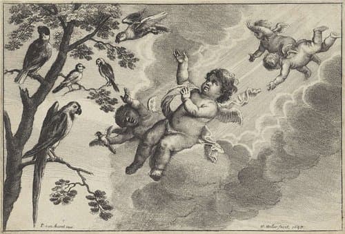 Putti met tropische vogels: het element Lucht by Wenceslaus Hollar