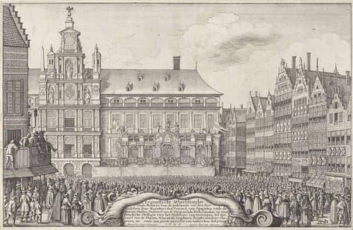 Afkondiging van de Vrede van Munster te Antwerpen by Wenceslaus Hollar