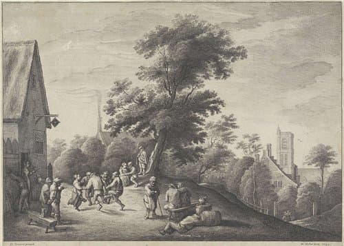 Dansende boeren voor een herberg by Wenceslaus Hollar