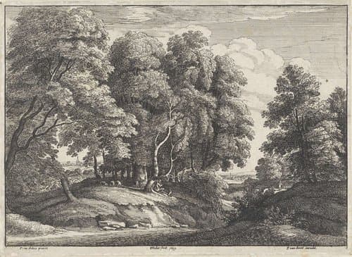 Bosrijk landschap met rustende herder by Wenceslaus Hollar