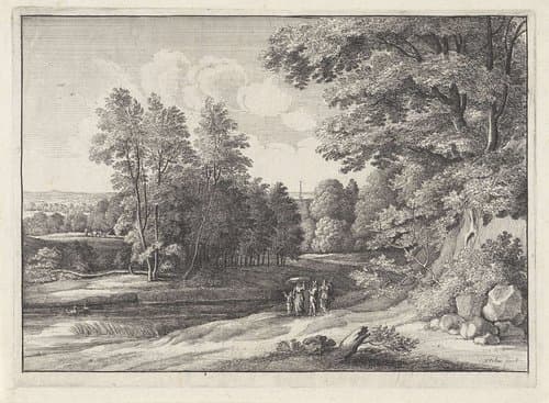 Landschap met figuren bij een meertje by Wenceslaus Hollar