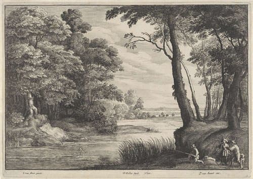 Waterrijk landschap met reiger en jagers by Wenceslaus Hollar