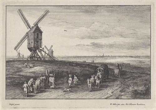 Landschap met vier windmolens by Wenceslaus Hollar
