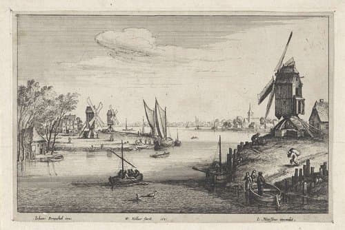Landschap met drie windmolens langs een rivier by Wenceslaus Hollar
