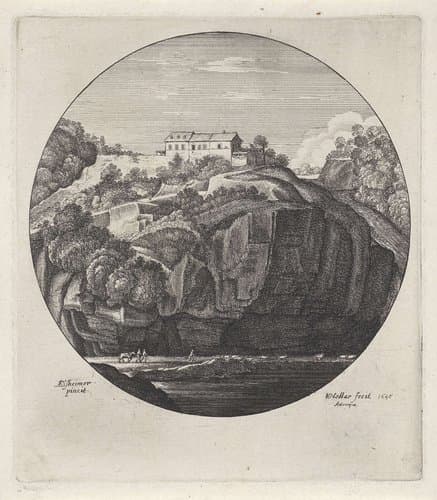 Landschap met huis bij steile rotsen by Wenceslaus Hollar