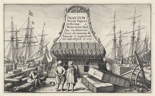 Schepen in een haven met goederen op de kade by Wenceslaus Hollar