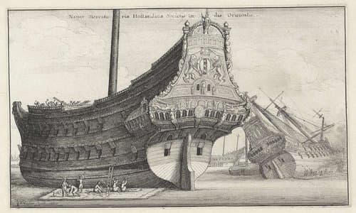 Werkzaamheden aan de rompen van twee Nederlandse Oost-Indiëvaarders by Wenceslaus Hollar