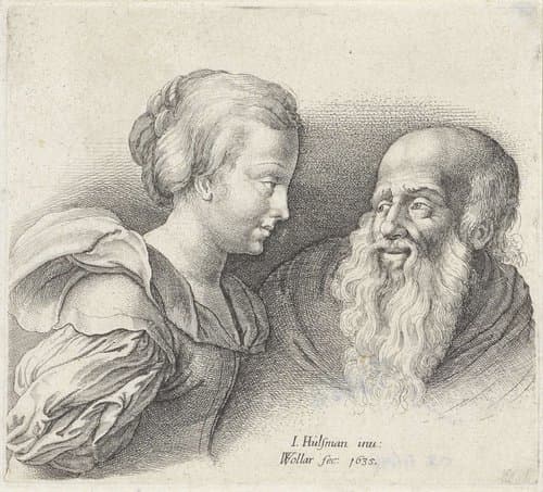 Oude man met baard en een jong meisje by Wenceslaus Hollar